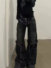 BXOXO Y2K Gothic Women Jeans Grunge Hip Hop Harajuku Black Denim Trousers Female Vintage Streetwear Punk High Waist Denim Pant