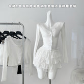 BXOXO - summer inspo 2025 Summer New Fashion Solid Color Casual Long-sleeved T-shirt Women + High Waist Lace Patchwork A-line Skirt Two-piece Set