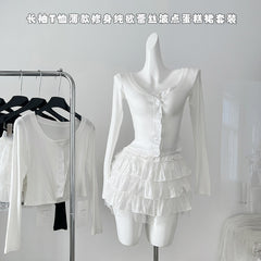 BXOXO - summer inspo 2025 Summer New Fashion Solid Color Casual Long-sleeved T-shirt Women + High Waist Lace Patchwork A-line Skirt Two-piece Set