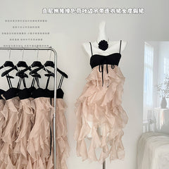 BXOXO - summer inspo Vintage Sweet French Dress Super Fairy Holiday Irregular Ruffles Suspender Dress Stitching Design Fashion Beach Style 2025