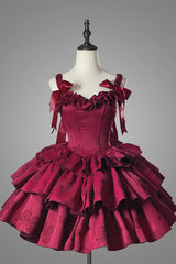 BXOXO - Wine Red Sleeveless Multi-layer Ruffle Bowknot Fish Bone Gothic Lolita Jsk Dress