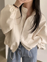 BXOXO Long Sleeves Loose Drawstring Solid Color Zipper Stand Collar Jackets Outerwear