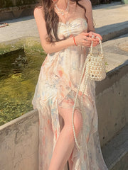 BXOXO Elegant Floral Print Polyester Midi Dress with Sweetheart Neckline and Asymmetrical Hem for Beach Vacations and Garden Parties, Beach Dress