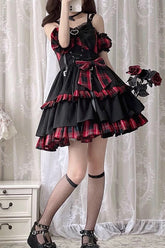 BXOXO - Black/Red Plaid Print Color Contrast Leather Buckle Bowknot Ruffle Gothic Lolita JSK Dress