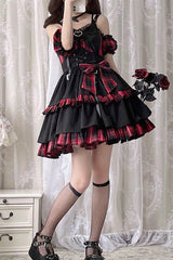 BXOXO - Black/Red Plaid Print Color Contrast Leather Buckle Bowknot Ruffle Gothic Lolita JSK Dress