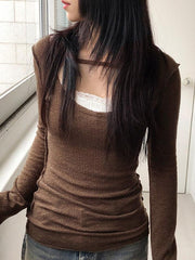 BXOXO - Lace Faux Two-Piece Long Sleeve Top