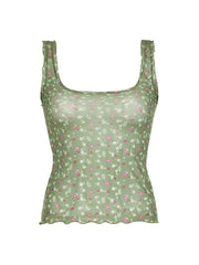 BXOXO - summer inspo Floral Print Frills Mesh Crop Top Women Sweet Summer Tank Vest Camisole Korean Fashion
