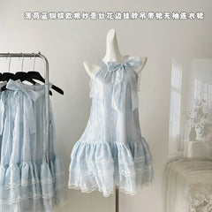 BXOXO - summer inspo Sweet Bow Lace Dress Women Summer Blue Sleeveless Halter Sling Dresses Y2k Harajuku Princess Cake Pompon Dress 2025