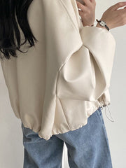 BXOXO Long Sleeves Loose Drawstring Solid Color Zipper Stand Collar Jackets Outerwear