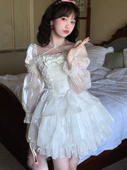 BXOXO party look inspos Japanese Lolita White Sweet Fairy Dress Women Bow Square Collar Kawaii Party Mini Dress Female Autumn Casual Fashion Chic Dress