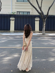 BXOXO French Floral Cami Midi Dress for Women - V-Neck, Slimming Waist Cinch, A-Line Silhouette, Breathable Polyester, Perfect for Summer Outings, Casual Wear | Waist Cinch Dress | Stylish Fishtail, Chic Dress