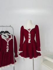 BXOXO Autumn French Sweet Elegant Velvet Short Dress Women Red Design Bow Lace Party Dress Christmas New Year Chic Holiday Clothing
