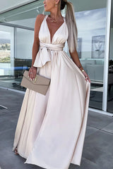 BXOXO - Different Elegant Effects Satin Free Tie Neck Slit Maxi Dress