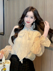 BXOXO Elegant French-Style Stand Collar Long Sleeve Chiffon Blouse with Delicate Bow Detail - Lightweight Polyester, Sheer Fabric, Perfect for Spring/Summer/Fall - Women’s Fashion Top, Elegant Casual Wear | Frenchinspired D