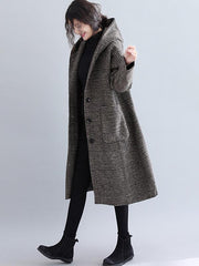 BXOXO Loose Plaid Woolen Hood Coat