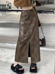 Vintage Brown High Rise Split PU Leather Midi Skirt