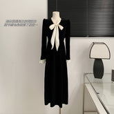 BXOXO - summer inspo Y2K Vintage Solid Color Commuter Bow Neck Slim Square Neck Dress Lady Style Casual Chic Long-Sleeved Dresses Women's Skirt