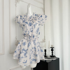 BXOXO - summer inspo Spicy Girls Style Two Piece Set Women Outfits Summer Spliced Small Flying Sleeve Tops High Waist Cake Short Skirt Set