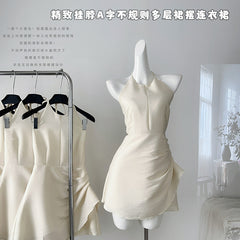 BXOXO - summer inspo French Style Off Shoulder Holiday Party Halter Irregular Midi Dress Women Summer New Elegant Simplicity Dress