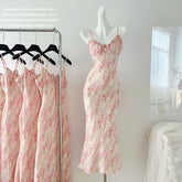 BXOXO - summer inspo 2025 Summer V-Neck Floral Suspender Dresses For Women High Waist Slim Fit Sexy Vintage Printing Dress French Gentle Style