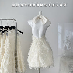 BXOXO - summer inspo Temperament Backless Bow Dress Women Fashion Slim Sleeveless Solid Color Halter Neck Party Mini Dress Chic A-line Skirt