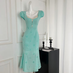 BXOXO - summer inspo 2025 New French Style Vintage Dress Women Summer Embroidery Short Sleeve Square Collar Hollow Out Dresses Sweet Fishtail Dress