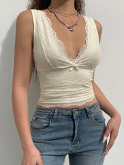 BXOXO - summer inspo Solid Sleeveless Two Layer Lace V Neck Slim Y2K Crop Top Women Cute Basic Summer Vest