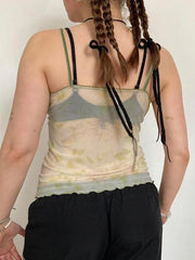 BXOXO - Sheer Print Mesh Ruffle Trim Cami Top