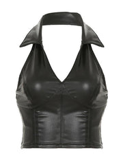 BXOXO - Halter V-Neck Cuffed PU Leather Crop Top