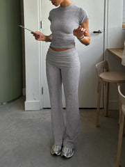 BXOXO - summer inspo Gray Solid Slim Basic Sports Sexy 2 Pieces Yoga Sets Women O Neck Short Sleeve Tee & Chic Low Waist Skinny Pants Tracksuit S-XL