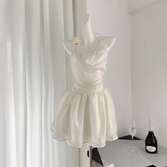 BXOXO - summer inspo French Solid Colour Swinging Collar Slim Dress Women Summer New Sexy Backless Seaside Vacation A-line Fluffy Skirt