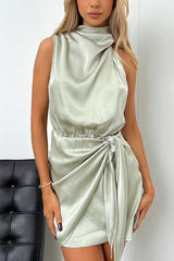 BXOXO - Satin High Neck Wrap Mini Dress