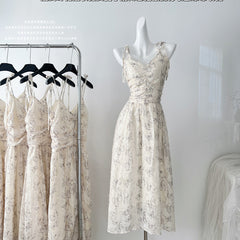 BXOXO - summer inspo French Retro Women Floral Print Dress Elegant Suspender Dress 2025 Spring V-neck Commuter Long Skirts