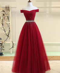 BXOXO Burgundy Tulle Off Shoulder Long Prom Dress, Burgundy Evening Dress