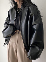 BXOXO Long Sleeves Loose Drawstring Solid Color Zipper Stand Collar Jackets Outerwear