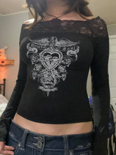 BXOXO - summer inspo Gothic Retro Lace Trim Slash Neck Blouses Women�Long Sleeve Y2k Darkly Chic Print Autumn Trendy Fashion Tops