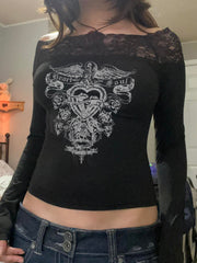 BXOXO - summer inspo Gothic Retro Lace Trim Slash Neck Blouses Women�Long Sleeve Y2k Darkly Chic Print Autumn Trendy Fashion Tops