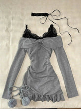 BXOXO Dresses Y2k Harajuku Women Clothes Vintage Long sleeves Slim Punk Sexy Bow Mini Dress Femme Korea Slim Gothic Aesthetic Dresses