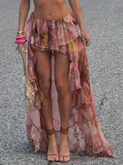 BXOXO - summer inspo Sweetown Beach Boho Floral Print Chiffon Ruffled Skirt Women Asymmetrical Dipped Hem Pink Romantic Elegant Sexy Vacation Skirts