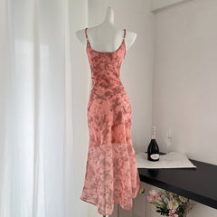 BXOXO - summer inspo French Floral Strap Dress for Women 2025 Summer New Vintage V-neck Sleeveless Fishtail Dress Vacation Style Sling Dresses