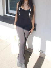 BXOXO - summer inspo Black Solid Sleeveless Skinny Sexy Flared Jumpsuits Women Lace Trim Tie Bow Cute Sweet Y2K Slip Rompers