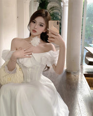 BXOXO party look inspos French Vintage White Strapless Midi Dresses for Women 2025 Summer New Elegant Party Sleeveless Slim Evening Prom Female Clothing