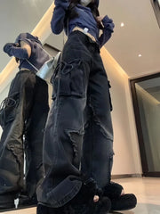 BXOXO Vintage Y2k Women Black Baggy Cargo Jeans with Star Gothic Harajuku 90s Aesthetic Denim Trousers Kpop 2000s Jean Pants