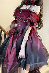BXOXO - Wine Red Midsummer Dream Short Sleeves Ruffle Hanayome Off-The-Shoulder Gothic Short Lolita Dress