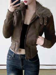 BXOXO - summer inspo Fashion Warm Chamois Women’s Jackets Long Sleeve Plus Velvet Faux Collar Zipper American Retro Thicked Coat