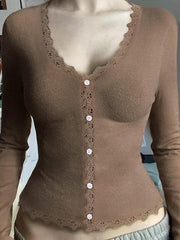 BXOXO - Lace Trim V-Neck Button-Up Knit Top