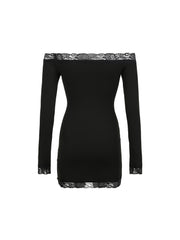 BXOXO - summer inspo Solid Slim Lace Trim Off Shoulder Long Sleeve Black Short Dress Women Elegant Sexy Party Dresses