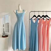 BXOXO - summer inspo Summer Solid Color Suspender Dress Women Fashion Square Neck Sleeveless Slim Fit Dresses Temperament Party Robe