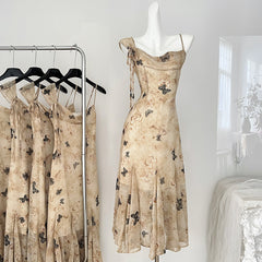 BXOXO - summer inspo Retro Butterfly Dress 2025 Women Summer New Sweet Spicy Chic Design Sense Print Slim Fit Suspender Dress