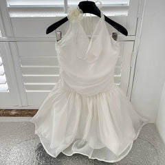 BXOXO - summer inspo French Solid Colour Swinging Collar Slim Dress Women Summer New Sexy Backless Seaside Vacation A-line Fluffy Skirt